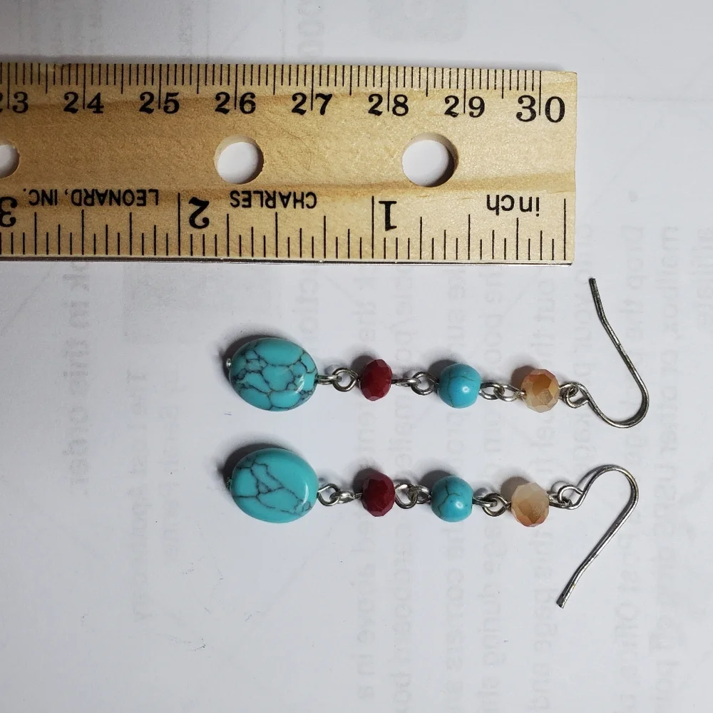 Turquoise And Burgundy + Orange Glass Bead Long SouthWestern Dangle Earrings